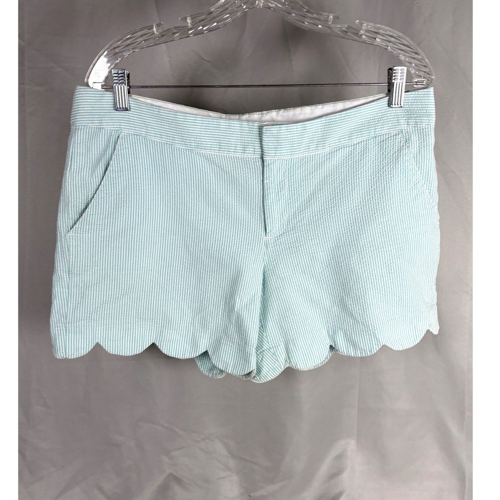 Lilly Pulitzer Buttercup Scalloped Seersucker Shorts Aqua Blue White Striped 12